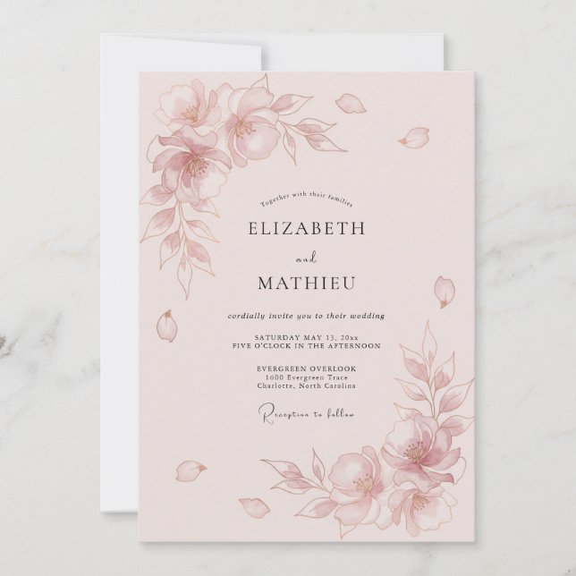 Convites Casamento Floral Gracioso Rosa Corado (Frente)
