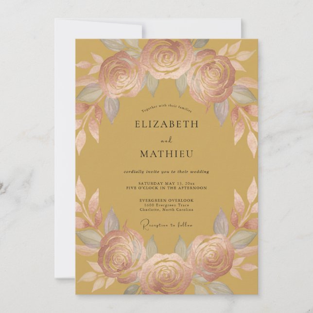 Convites Casamento Floral Grande em Ouro Antigo (Frente)