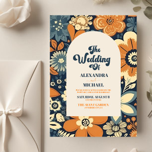 Convites Casamento Floral Groovy Retro Moderno dos Anos 70
