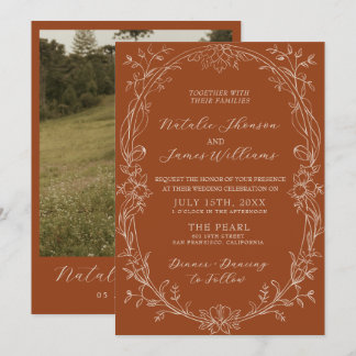Convites Casamento Floral Herbáceo Boho de Terracota Laranj