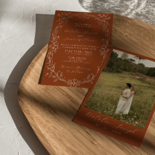 Convites Casamento Floral Herbáceo Boho de Terracota Laranj