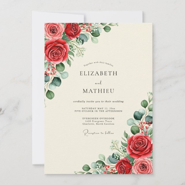 Convites Casamento Floral Ilustre Vermelho (Frente)