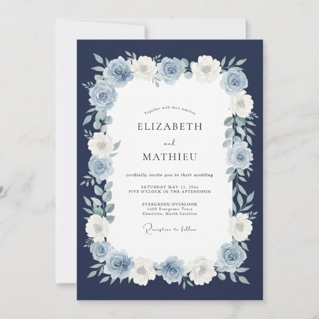 Convites Casamento Floral Imponente Azul Marinho (Frente)
