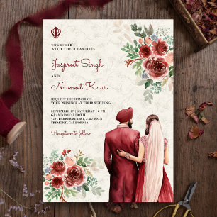 Convites Casamento Floral Indiano Punjabi Sikh, Rosas Burgu