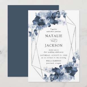 Convites Casamento Floral Índigo Abstrato   Quadro Geométri