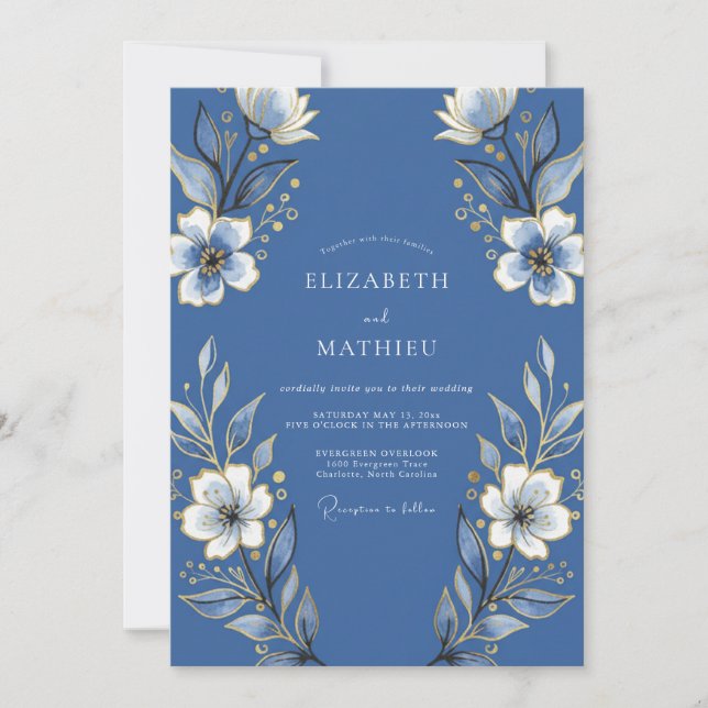 Convites Casamento Floral Indigo em Flor (Frente)