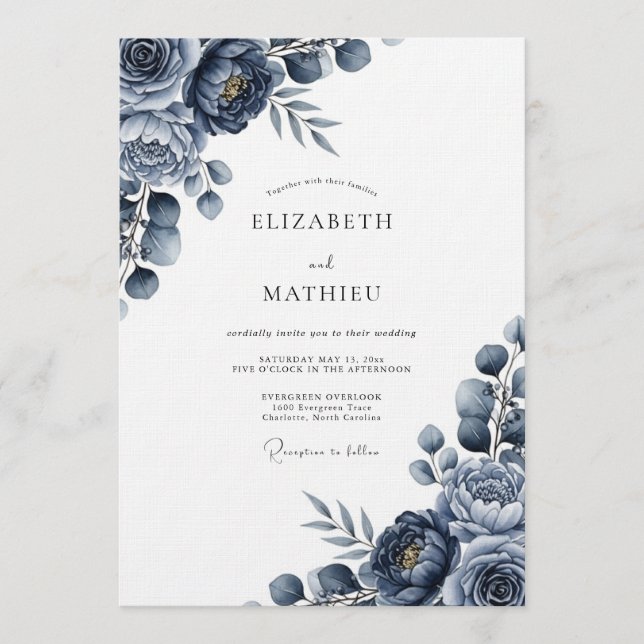 Convites Casamento Floral Índigo Mal-encarado (Frente)