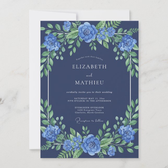 Convites Casamento Floral Índigo Vibrante (Frente)