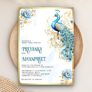 Convites Casamento Floral Índio Azul Pastel Dourado Pavão