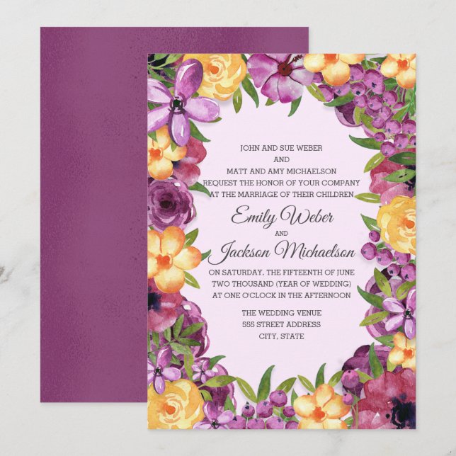 Convites Casamento Floral Íris Tônica Joia Amarela Roxa (Frente/Verso)