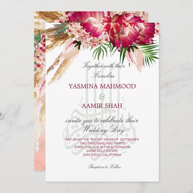 Convites Casamento Floral Islâmico do Bismillah Pampas Prot (Frente/Verso)