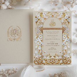 Convites Casamento Floral Islâmico Dourado Clássico Creme A