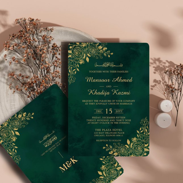 Convites Casamento Floral Islâmico Dourado Real Emerald Gre (Criador carregado)
