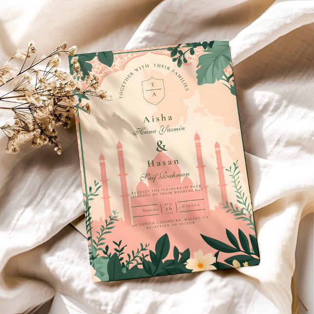 Convites Casamento Floral Islâmico Elegante Fronteiriço (Criador carregado)