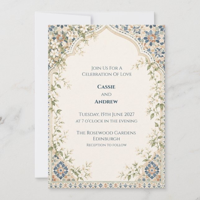 Convites Casamento Floral Jardim Mosaico Azul (Frente)