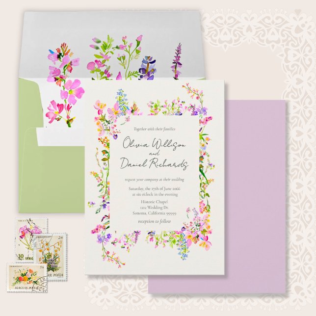 Convites Casamento Floral Jardim Romântico (Garden Wildflowers Watercolor Wedding Invitation Suite.)