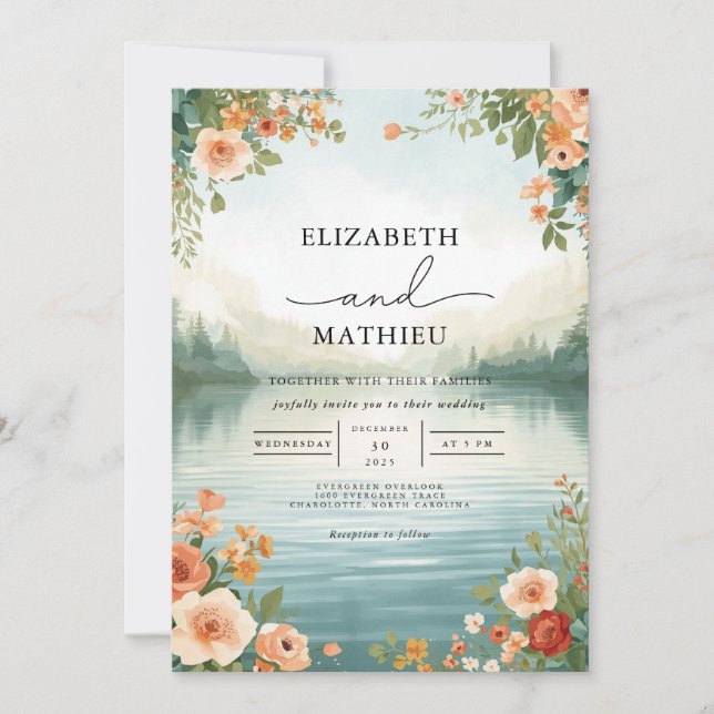 Convites Casamento Floral Lakeside De Pêssego Suave (Frente)