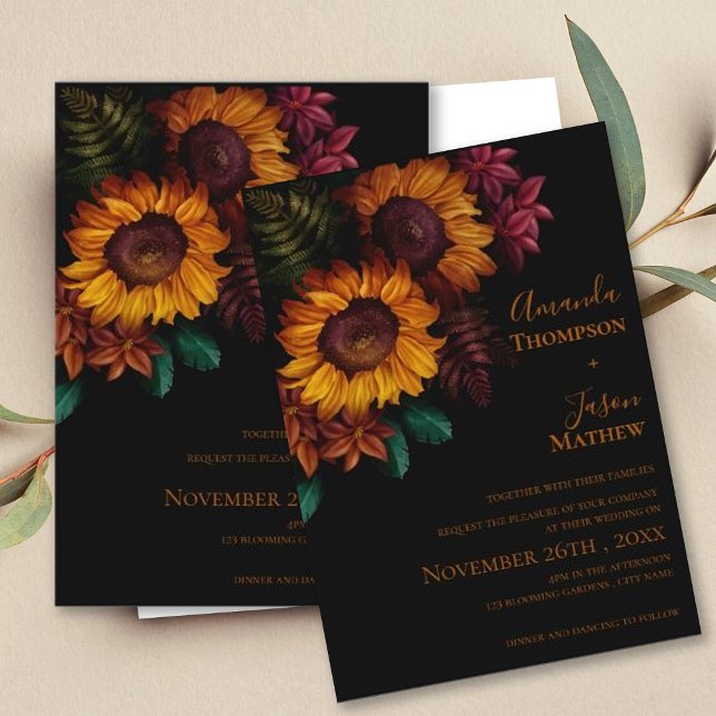 Convites Casamento Floral Laranja Arrejado Moderno e Vibran (Modern Vibrant Black Burnt Orange Floral Wedding Invitation)