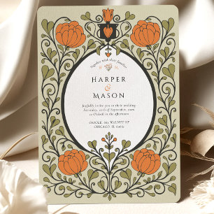 Convites Casamento Floral Laranja Artes e Ofícios Vintage