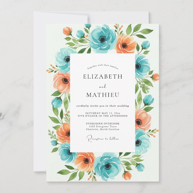 Convites Casamento Floral Laranja Azul (Frente)