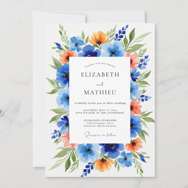 Convites Casamento Floral Laranja Azul (Frente)
