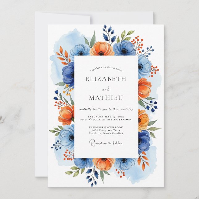 Convites Casamento Floral Laranja Azul na Primavera (Frente)