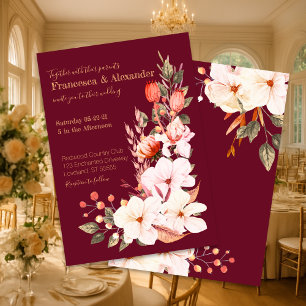 Convites Casamento Floral Laranja-Blush Burgundy Elegante