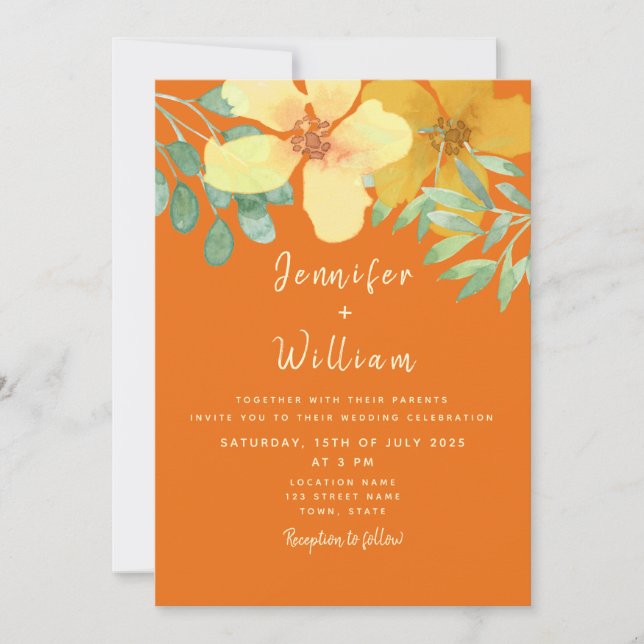 Convites Casamento Floral Laranja Boho (Frente)