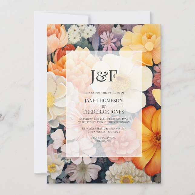 Convites Casamento Floral Laranja, Branco e Dourado (Frente)