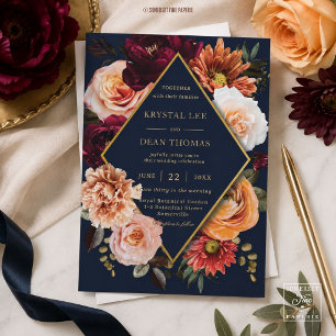 Convites Casamento Floral Laranja Burgundy Escuro Naval Som