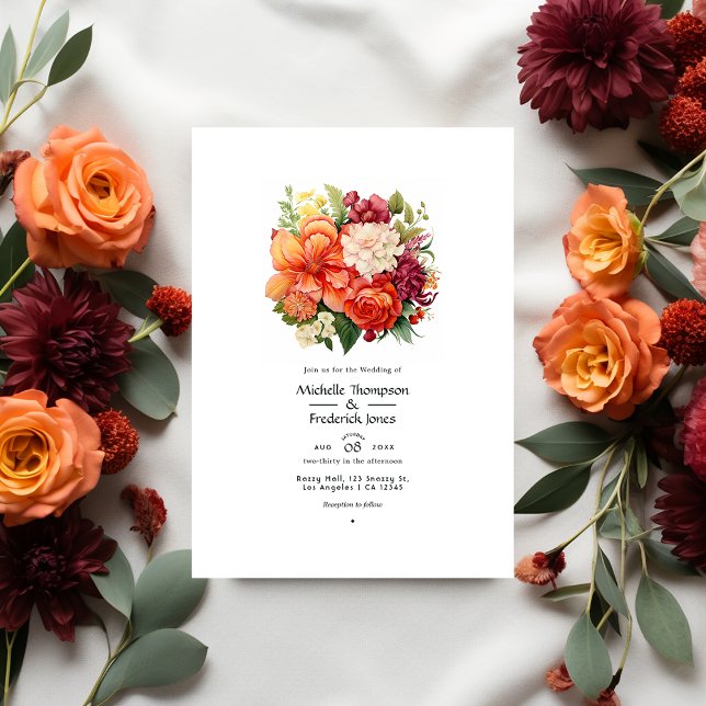 Convites Casamento Floral Laranja, Cranberry e Verde (Criador carregado)