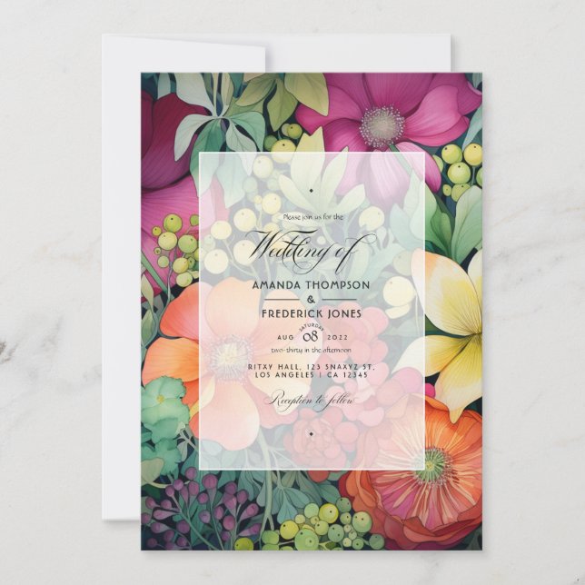 Convites Casamento Floral Laranja, Cranberry e Verde (Frente)