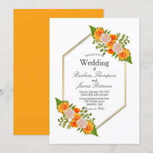 Convites Casamento Floral Laranja Dourado Geométrico Modern