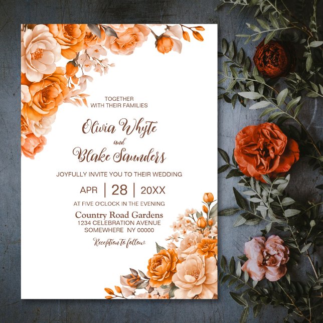Convites Casamento Floral Laranja Elegante (Criador carregado)