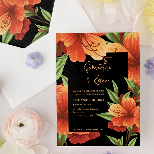 Convites Casamento Floral Laranja Elegante Escuro (Dark Moody Elegant Orange Floral Wedding Invitation)
