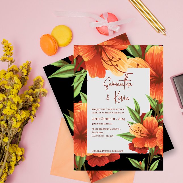 Convites Casamento Floral Laranja Elegante Escuro (Dark Moody Elegant Orange Floral Wedding Invitation)