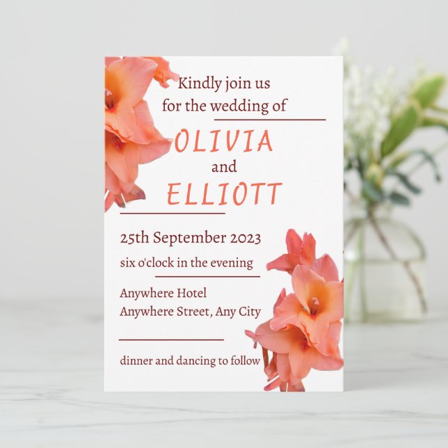 Convites Casamento Floral Laranja Gladiolus (Em pé/Frente)