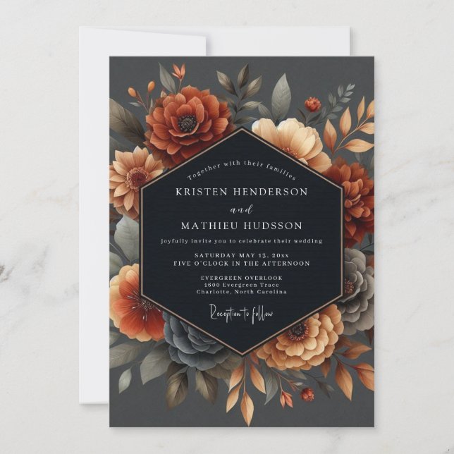 Convites Casamento Floral Laranja Intenso de Outono (Frente)