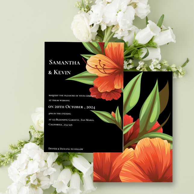 Convites Casamento Floral Laranja Laranja Elegante Escuro (Elegant Dark Moody Orange Floral Wedding Invitation)