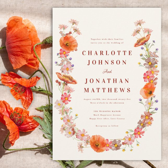 Convites Casamento Floral Laranja Marrom Boho Wildflower (Modern wildflower watercolor wedding invitation)