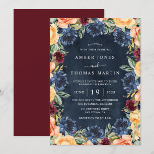 Convites Casamento Floral Laranja Queimada Burgundy Marinho