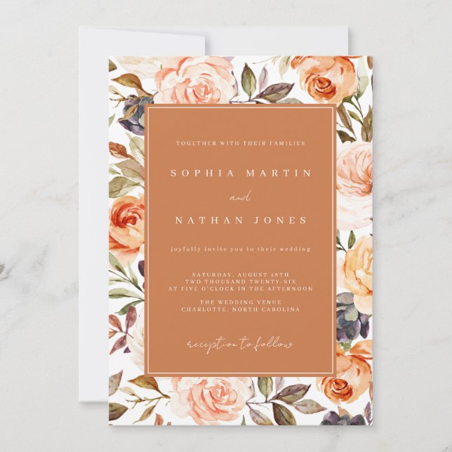 Convites Casamento Floral Laranja Queimada de Outono (Frente)