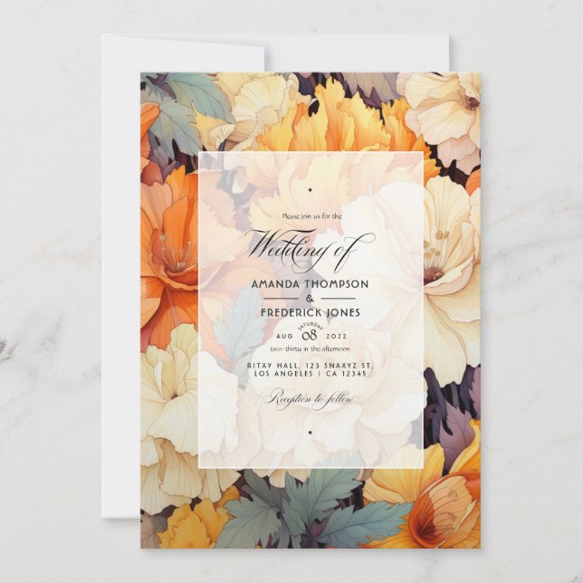 Convites Casamento Floral Laranja Queimada e Creme (Frente)