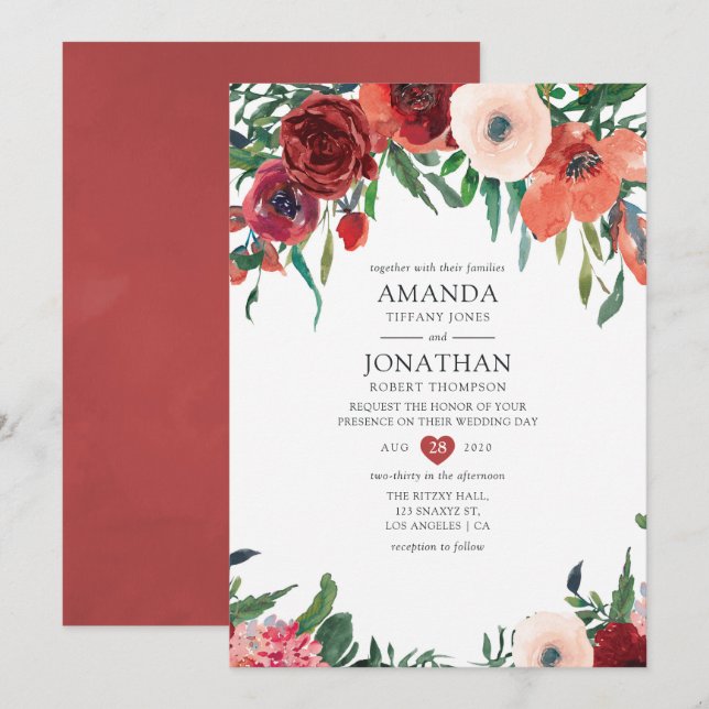 Convites Casamento Floral Laranja Queimado e Bege (Frente/Verso)