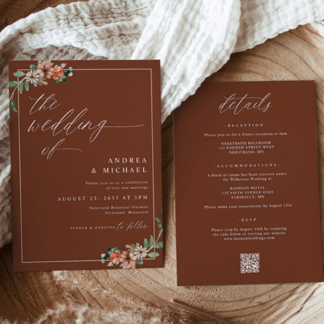 Convites Casamento Floral Laranja Queimado e Esmeralda (Emerald, Rust and Burnt Orange Floral Wedding Invitations for Fall or Winter Wedding)