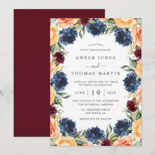 Convites Casamento Floral Laranja Queimado Marinho Borgonha