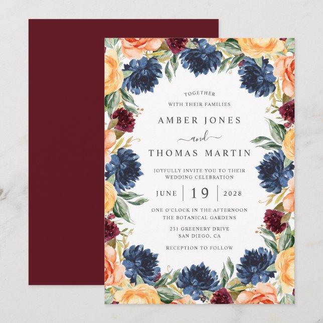 Convites Casamento Floral Laranja Queimado Marinho Borgonha (Frente/Verso)