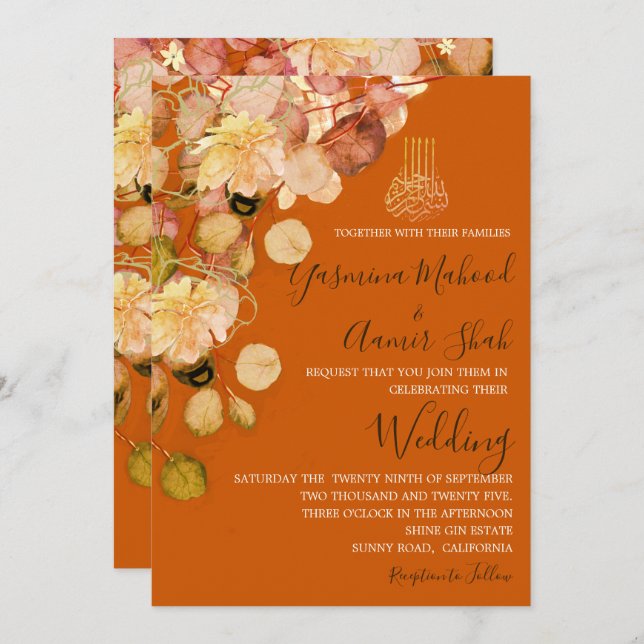 Convites Casamento Floral Laranja Queimado pelo Bismillah I (Frente/Verso)