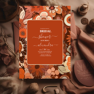 Convites Casamento floral laranja queimado Retro Groovy