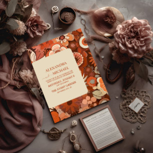 Convites Casamento floral laranja queimado Retro Groovy